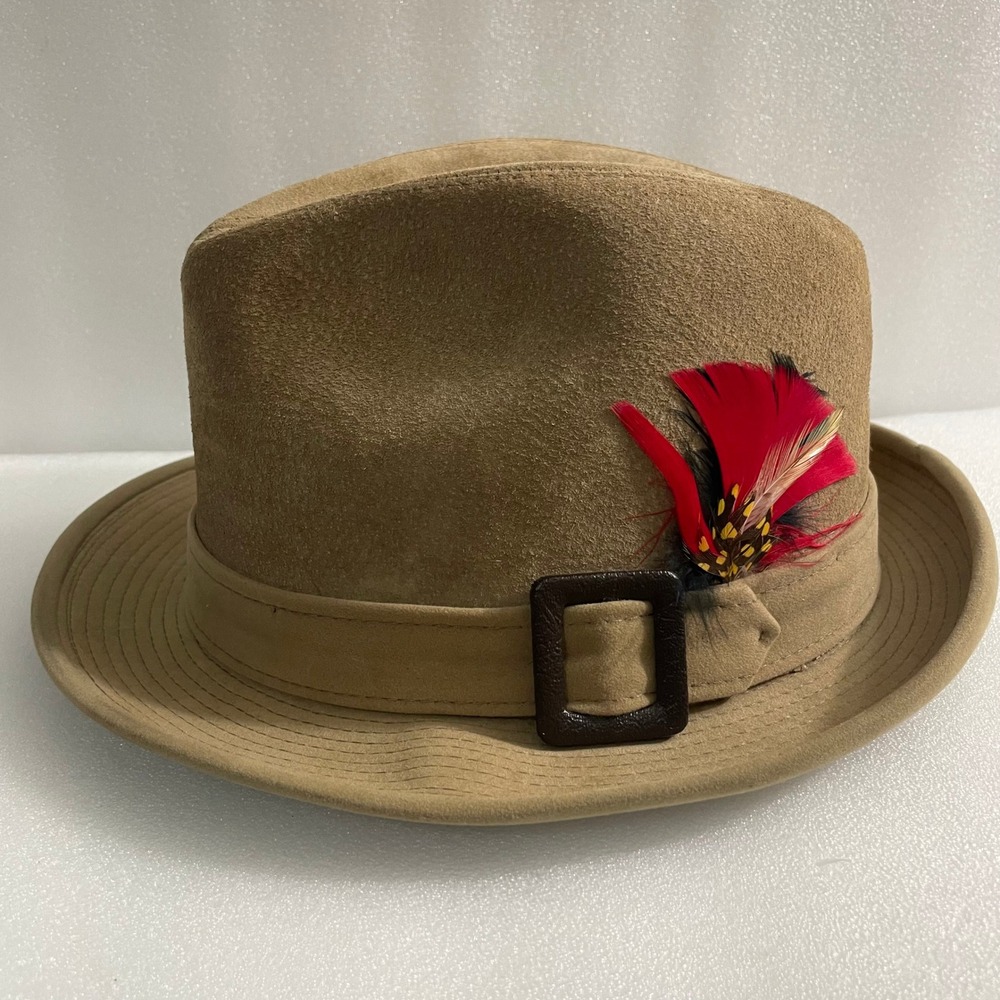 Knox Mens Tan Suede Fedora Hat Red Feather Brown Buckle Vintage Size 6 7/8